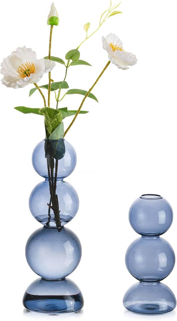 Glass Bubble Vases for Flowers, Hewory 2pcs Light Blue Unique Cute Single Flower Vase for Centerpieces, Funky Aesthetic Vase Skinny Bud Vase, Cool Groovy Decor for Living Room Bedroom Office Tabletop