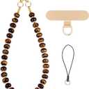 Gemstone Beaded Phone Charm Wrist Strap with Steel Cable Core Stringing, Detachable Phone Bracelet Strap with Metal Tether Tab