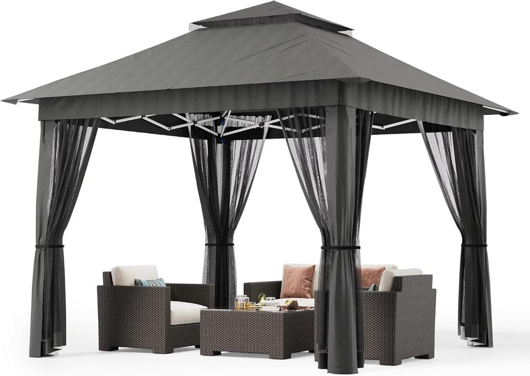 Bealife 11x11 Pop Up Gazebo Tent with Mosquito Netting, Instant Gazebo, Party Tent with Roller Bag, Pop Up Canopy Tent for Parties Patio Lawn Backyard Garden Deck, Grey (Gray)