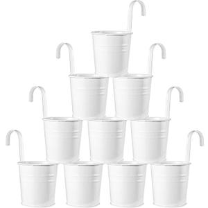 Foraineam 12 Pack Hanging Flower Pots White Metal Bucket Balcony Garden Plant Planter with Detachable Hooks and Drainage Hole for Railing Fence Patio Home Decoration
