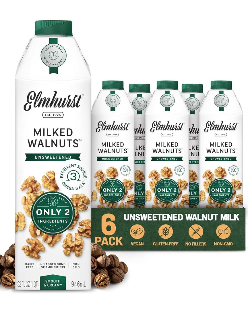 Elmhurst 1925 Unsweetened Walnut Milk - 32 Ounce (Pack of 6) Dairy-Free, Gluten-Free, Vegan, Kosher, Shelf Stable Milk Made with Water & Walnuts for Healthier, Simpler Plant-Based Alternatives (EXP 10/11/26)
