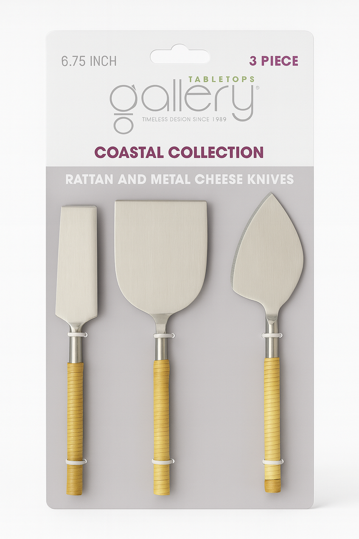 Tabletops Gallery Coastal Collection – Rattan and Metal Cheese Knives, 3-Piece Set (6.75 Inch)