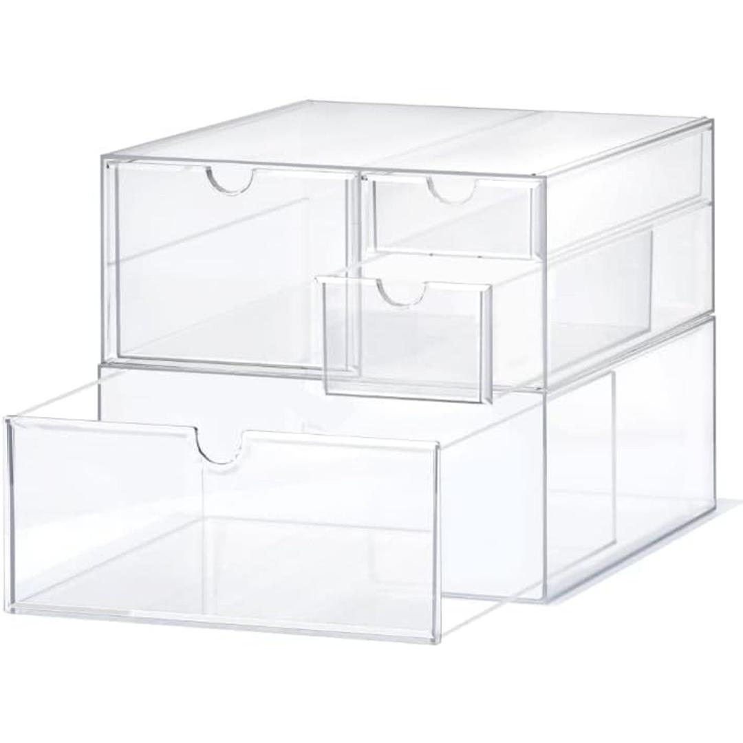 Prsildan Acrylic Drawer Makeup Organizer with 4 Drawers, Set of 2 Office Desk Organizers Accessories, Clear Stackable Storage Drawers for Vanity, Countertop, Craft, Jewelry, Art Supply Organization