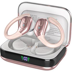 Wireless Earbuds Bluetooth 5.4 Headphones, IPX7 Waterproof Earphones, Over-Ear Earphones, Noise Canceling Ear Buds with 75hr Playtime, LED Power Display for Sports/Workouts - Rose Gold