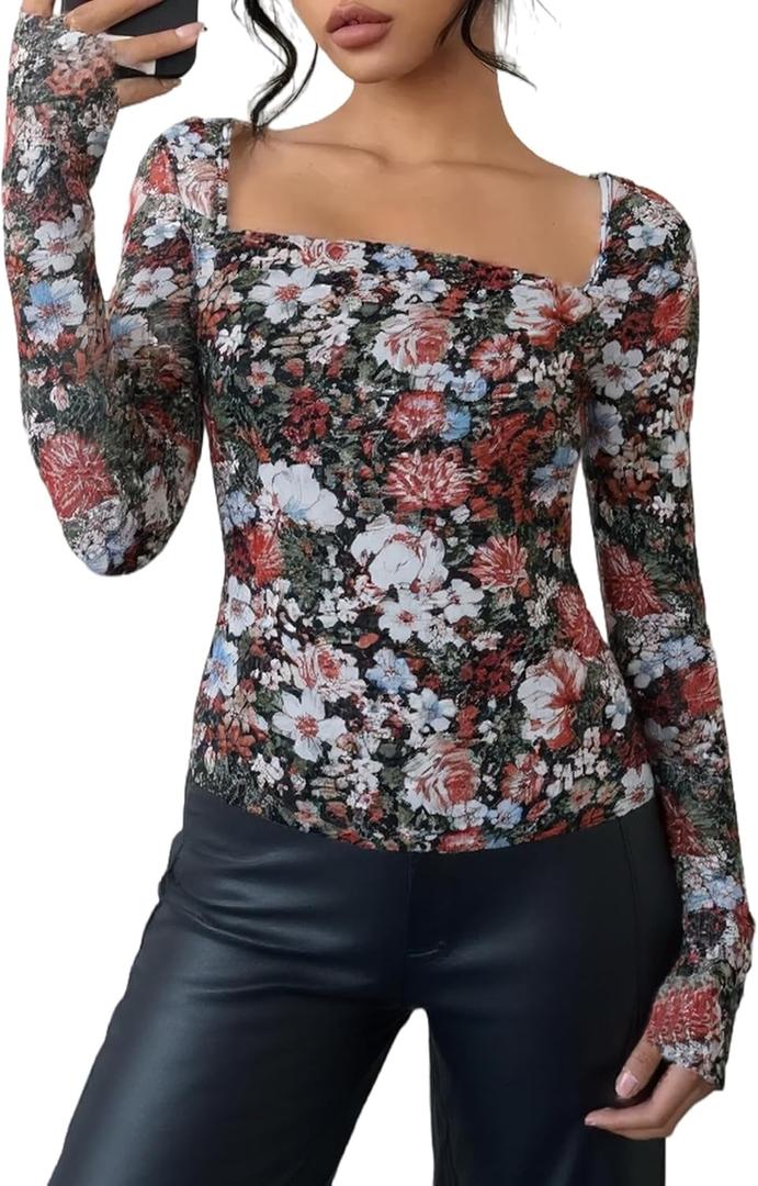 YOINS Women Sexy Mesh Long Sleeve Tops Square Neck Sheer Going Out Shirt (XXL)