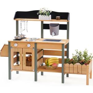 ROBUD Outdoor Mud Kitchen Set for Kids, Wooden Pretend Play Kitchen with Plant Growing Box, Real Faucet, Sink, Kitchen Accessories, Pretend Play for Kids Boys Girls Toys Age 3+
