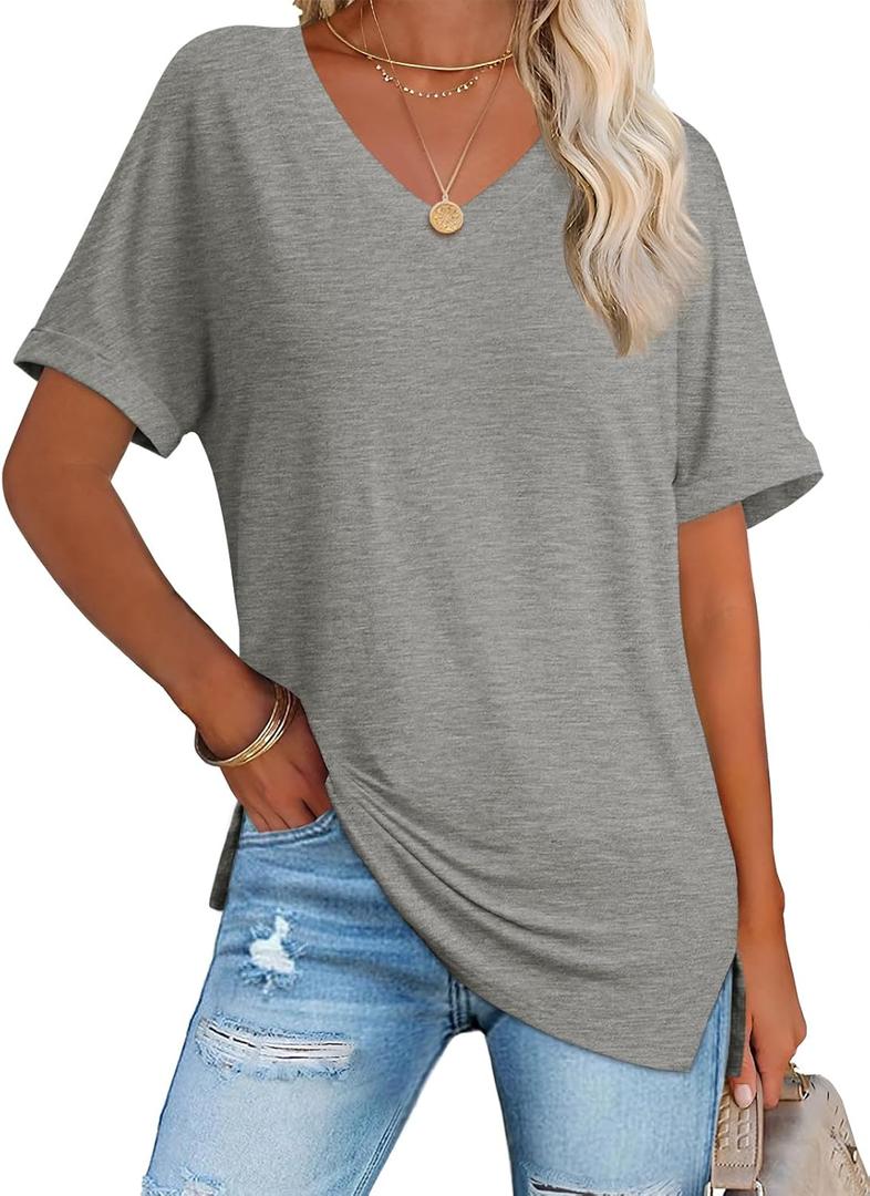 ATHMILE Womens Summer 2025 V Neck Casual Tunic Tops Spring Fashion Basic Trendy Outfits (Small, Lightgrey)