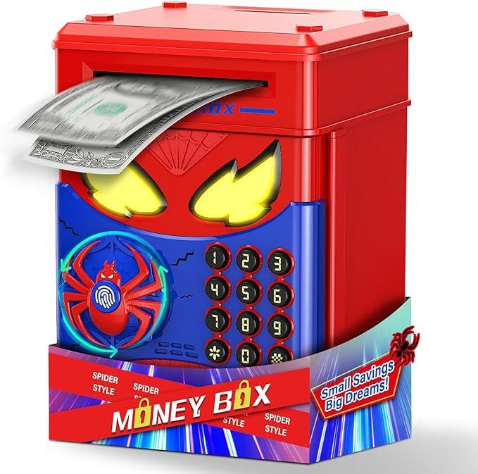 Wrystte Spider Piggy Bank for Kids,Electronic Money Box with Fingerprint,ATM Safe Coin&Cash Saving Box,Kids Toys for Age 4 5 6 7 8,Christmas Birthday Gifts for 9 10 11 12 Year Old Boys Girls(Blue)