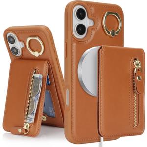 for iPhone 16 Phone case with Card Holder with Compatible magsafe Magnetic, Key Chain PU Leather Flip Kickstand Detachable 2-in-1 Wallet case for Apple16 Women Men-Brown