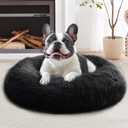 JOLLYVOGUE Calming Dog Bed Medium Size Dog, 31in Donut Washable Medium Pet Bed, Anti-Slip & Anti-Anxiety Fluffy Faux Fur Round Dogs Bed, Fits up to 45 lbs Pets (Black)