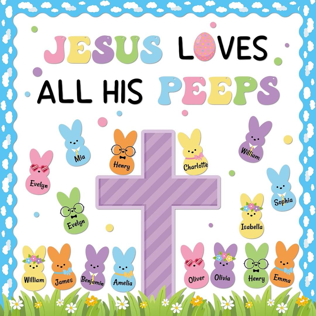 2 x Easter Christian Bulletin Board Set Jesus Loves All His Classroom Decorations Bunny Cross Eggs Religious Bulletin Board Cutouts for Easter Spring Sunday School Church Chalkboard Decor Supplies