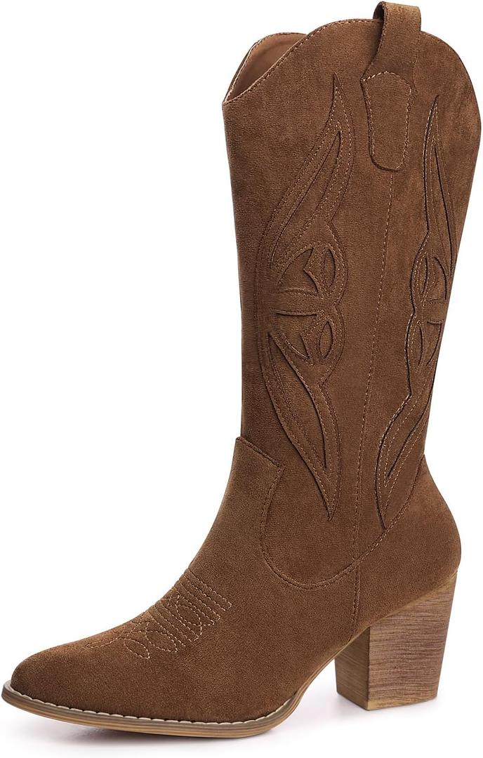 SHIBEVER Cowboy Boots for Women 2025: Mid Calf Cowgirl Boots Western Embroidered Country High Heel Pointed Toe Booties (6, 1828-brown)