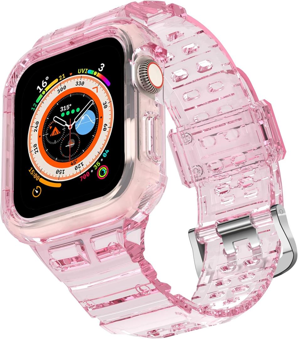 CRIS-BAND Bumper Bands Compatible with Apple Watch Band 45mm 44mm 42mm 41mm 40mm 38mm for Women Men, Water Shock-Proof Strap for iWatch Apple Watch Band with Case for Series 9 8 7 6 SE 5 4 3 2 1 (Jelly-Pink)