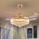 48" Modern Gold Crystal Ceiling Fan with Light and Remote Crystal Fandelier LED Dimmable Chandelier Fan with Invisible Reversible Fan Blades for Kitchen, Dining Room, Living Room,Bedroom