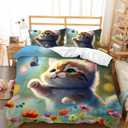 AILONEN Cute Cat Duvet Cover Set for Girls,3 Pieces Twin Kids Bedding Kawaii Comforter Cover Set,Spring Floral Cat and Butterfly Comforter Cover Set, 1 Quilt Cover and 2 Pillowcases