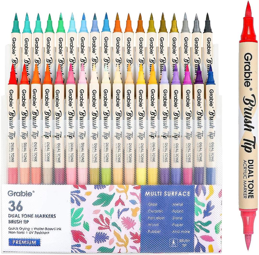 Paint Markers, Dual-Color Acrylic Pens with 36 Brush Tips, Double Tipped for Rocks & Art Supplies