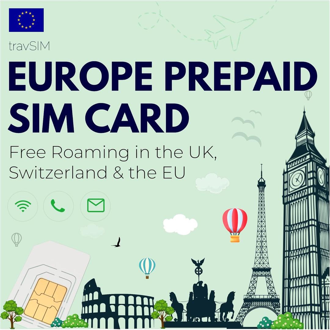 travSIM Europe SIM Card | 30 Days - 12GB Mobile Data | 4G/5G High-Speed Internet | Free Roaming in UK, Switzerland & 30+ EU Countries | Contact US 7 Days Before Travel