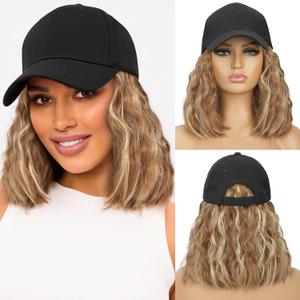 HANYUDIE Hat Wig for Women Wig Cap with Curly Hair Extensions Hat with Hair Wave Adjustable Baseball Cap Wigs (Chocolate Brown Mix Honey Blonde)