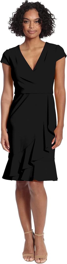 London Times Women's Dresses Feminine Ageless Surplice V-Neck Faux Wrap Ruffle Dress Office Event Shower Guest of (14 Petite, Black)