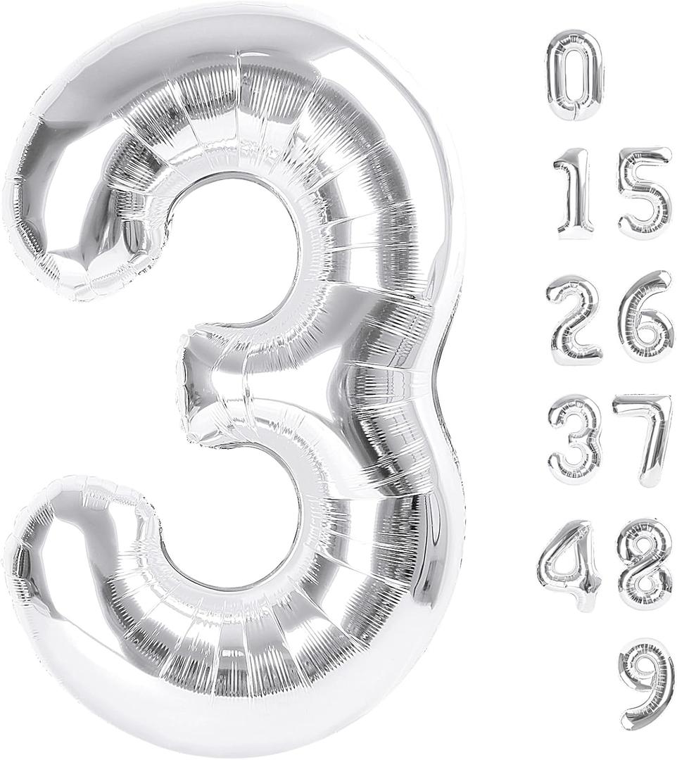 Numbers Balloon 3, 40 Inch Large Silver Balloon for Three Year Old Birthday Decor, 3 13 30 31 Birthday Party Decorations for Wedding Supplies