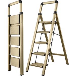 Step Ladder 5-Step Champagne Gold Finish Aluminum Folding Step Ladders,Anti-Slip Max 330 lbs