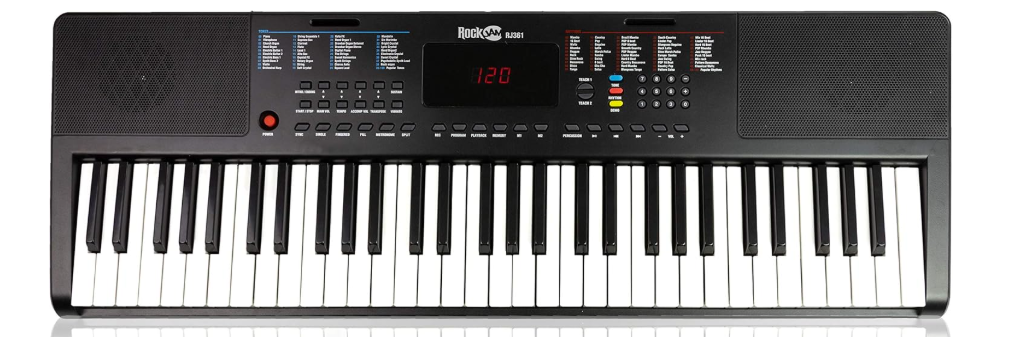RockJam 61-Key Compact Keyboard with Sheet Music Stand, Power Supply, Piano Note Stickers and Simply Piano Lessons