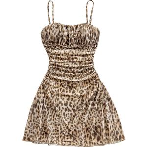 Verdusa Women's Leopard Print Y2K Mini Dress Fitted Spaghetti Strap Mesh Slip Dress (Multicolor)