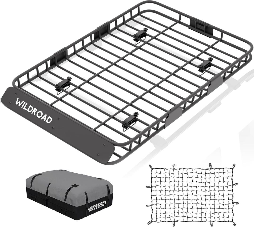 Wildroad Car Roof Cargo Carrier Combo of Upgraded 64"x 39"x 4" Roof Rack Cargo Basket with 21 Cubic ft Ultra Waterproof Anti-Tear Fabric Cargo Carrier Bag and Super Duty Bungee Cargo Net