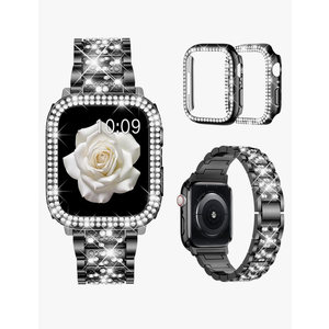 Mosonio Compatible with Apple Watch Band 38mm 40mm 41mm 42mm 44mm 45mm 46mm 49mm with 2 Pack Case Women, Jewelry Replacement Metal Bands Strap with Bling PC Protective Case for iWatch Ultra SE Series 11/10/9/8/7/6/5/4/3/2/1