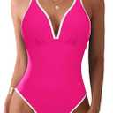 AI'MAGE Womens Swimsuit One Piece Tummy Control Bathing Suit V Neck Push Up Double Straps Slimming Swimwear XS-XXL (Small, Rose)