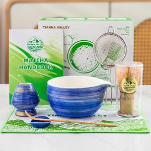 3 x Matcha Whisk Set,7 Pcs Matcha Set Blue,Matcha Kit for Ceremony,480 ML Ceramic Bowl(chawan) with Spout,Bamboo Whisk(100 prong) and Holder,Tradition Tea Set,Gift for Matcha Lovers