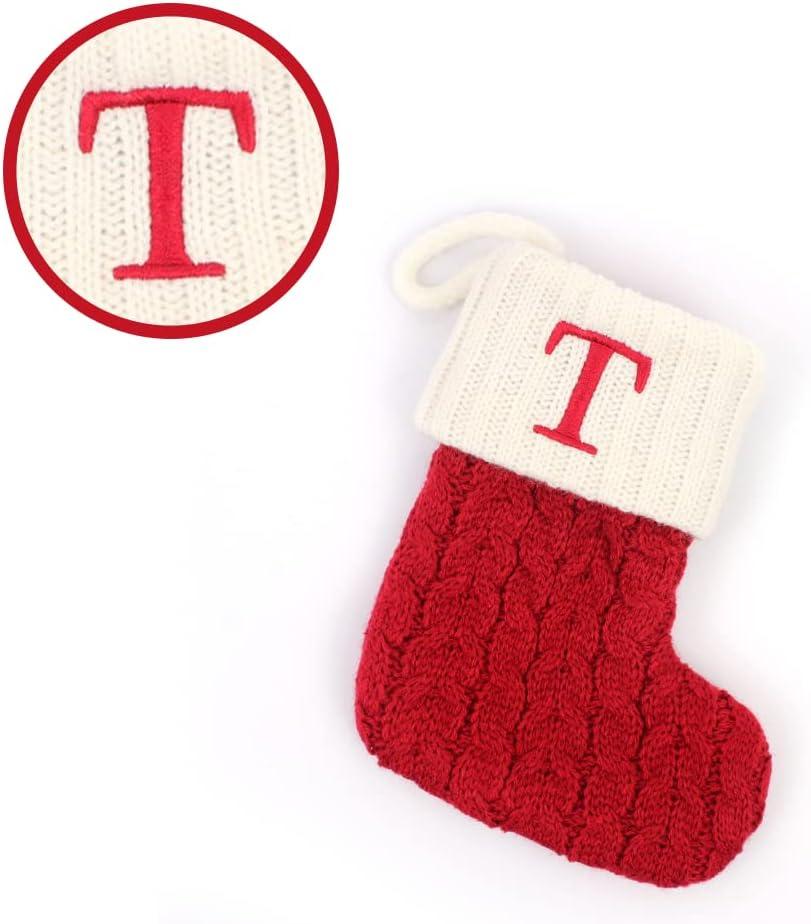 Christmas Stockings with Initials, 7.1 Inches Small Embroidered Letter Knit Red White Christmas Stocking for Family Holiday Decorations and Xmas Tree Fireplace (T)