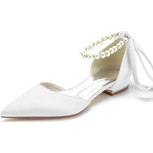 JOEupin Women Pointed Toe Pearl Wedding Flats Satin Flat Bridal Shoes for Bride Prom Evening Bridal Party Dress Flats 42
