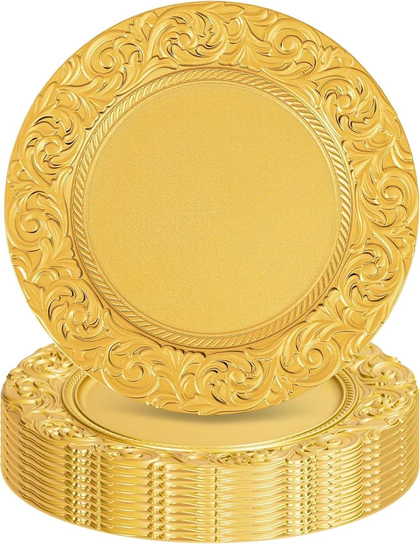 Gold Charger Plates Bulk 10Pcs - 13" Gold Chargers for Dinner Plates, Round Floral Embossed Decorative Charger Plate for Wedding & Event Kitchen Party Decoration
