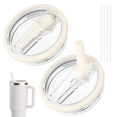40 oz Tumbler Flip Straw Lid Replacement fit for Stanley Quencher, Spill Proof Tumbler Cover for Stanley Cup, Cream White