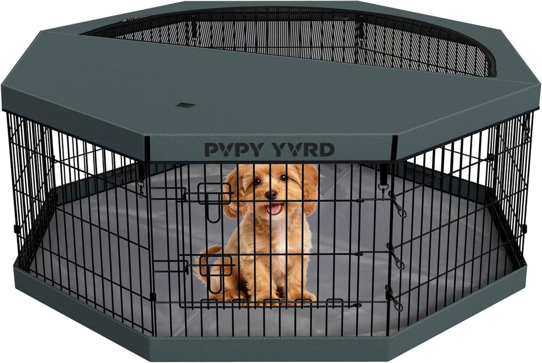 Dog Playpen with Top Cover and Bottom Pad,Foldable Playpen,8 Panels 24" H (24"L x 5"W x 24"H)