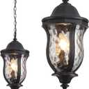 Large Outdoor Pendant Light Fixtures, 23.6'' Exterior Hanging Lantern Porch Light Adjustable, Black Hanging Lamp Farmhouse Exterior Chandelier Ceiling Mount for Entrance Patio