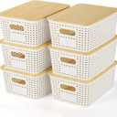 Plastic Storage Baskets With Bamboo Lid - Plastic Storage Containers Stackable Storage bins: Storage Baskets for Organizing Shelves Drawers Desktop Closet Playroom Classroom Office, 6 Pack (Cream White)