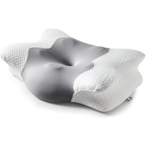 Cervical Neck Pillow for Sleeping, Adjustable Ergonomic Pillow, Contour Neck Support Side Sleeper Pillows for Adults, Memory Foam Pillow for Neck and Shoulder Pain Relief, Back, Stomach Sleeper (Grey & White)