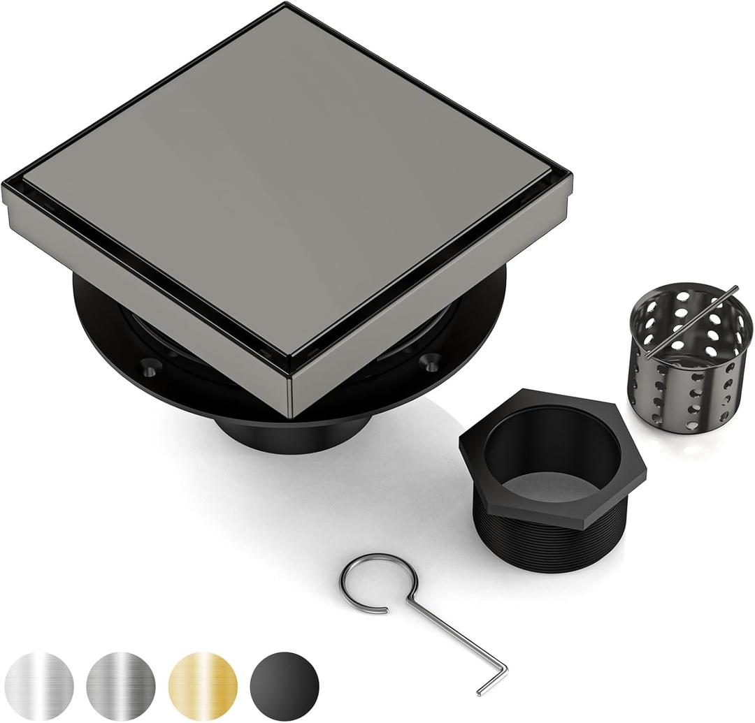 DLONE Square Shower Drain | 6 Inch Gun Gray AISI 304 Stainless Steel Shower Drain with Tile Insert Panel, Shower Floor Drain in Bathroom, Balcony etc