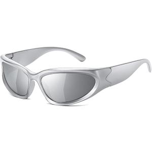 JASPIN Y2K Wrap Around Sunglasses for Women Men Sliver Oval Fashion Trendy Sport Shades UV400 Eyeglasses