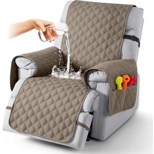 TAOCOCO 100% Waterproof Recliner Covers, Recliner Sofa Covers with Leg Straps, Reversible Recliner Couch Cover for Reclining Chair, Washable Couch Protector for Pets Kids(1 Seater 22", Taupe)