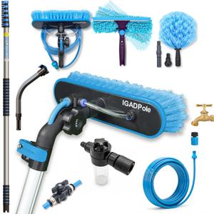 IGADPole 28 FT Water-Fed Washing Kit with Soap-Dispenser, Brush, 10 Squeegee & Cobweb Duster for Windows, Gutters, Solar Panels & Exterior Walls