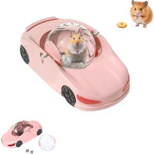 3-in-1 Hamster Car Toy, Silent Dwarf Hamster Running Ball and Exercise Wheel, 4.8 Inches, Small Pet Activity Center (Pink)