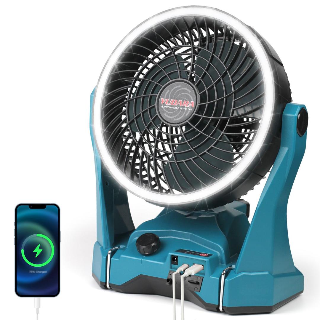 Battery Operated Fan Compatible with Makita 18V battery, Camping Fan Cordless with Bright LED Light & Hook for Hanging, Variable Speed Portable Fan for Tent Office Travel Picnic Jobsite(Tool Only)