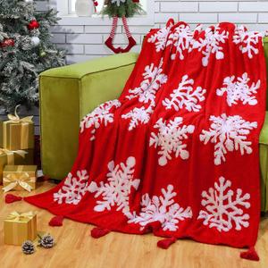 Christmas Snowflakes Throw Blanket Gift Winter Snowflakes Red Fleece Soft Warm Christmas Throw Blanket with Tassels 50x60 Inch for Xmas Holiday Bed Sofa Home Couch Decoration