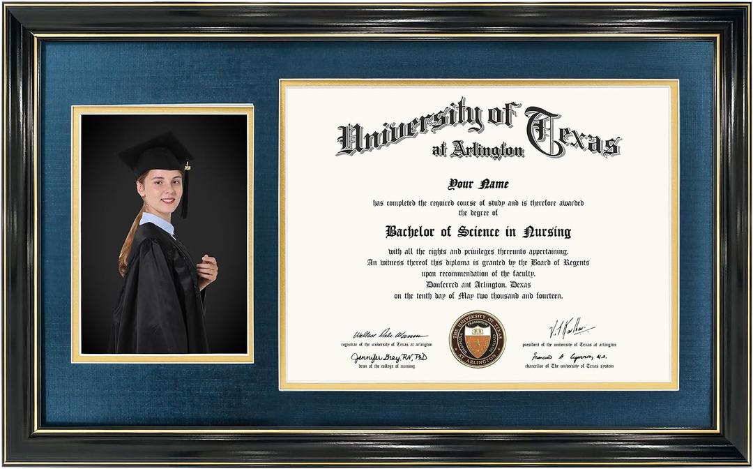 GraduationMall 11x19 Black Diploma and Photo Frame for 8.5x11 Certificate,5x7 Picture,Tempered Glass,Navy Blue over Gold Double Mat
