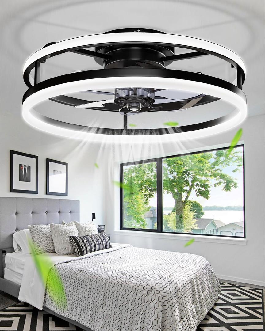Modern Ceiling Fans with Lights and Remote, 19.7'' Fandelier Low Profile Ceiling Fans with Remote App, Flush Mount Ceiling Fan with 3000-6000K Dimmable 2 LED Light for Bedroom Kitchen Living Room