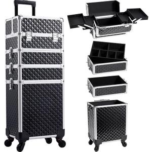 Rolling Makeup Train Case, 4-in-1 Cosmetology Case on Wheels, Nail Tech Cart for Travel, Professional Cosmetic Vanity Case, Suitcase for MUA/Manicure/Tattoo/Style, Lockable Storage Box, Black