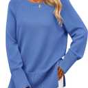 PRETTYGARDEN Women's Knit Fall Sweaters Long Sleeve Pullover Crewneck Split Hem Oversized Tunic Sweater Tops Winter Clothing (Blue, S)